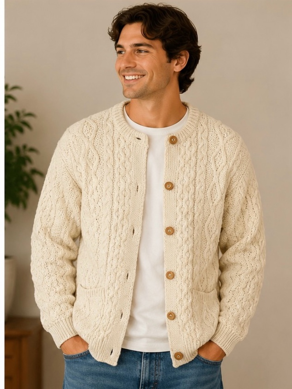 Vintage Tivoli Aran Knit Wool Cardigan Men’s Small Cream Cable Knit